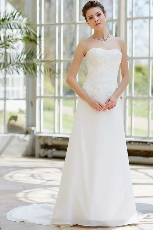 A-Line Strapless Beaded Sleeveless Floor-Length Satin Wedding Dress With Corset Back And Side Draping-MK_705200