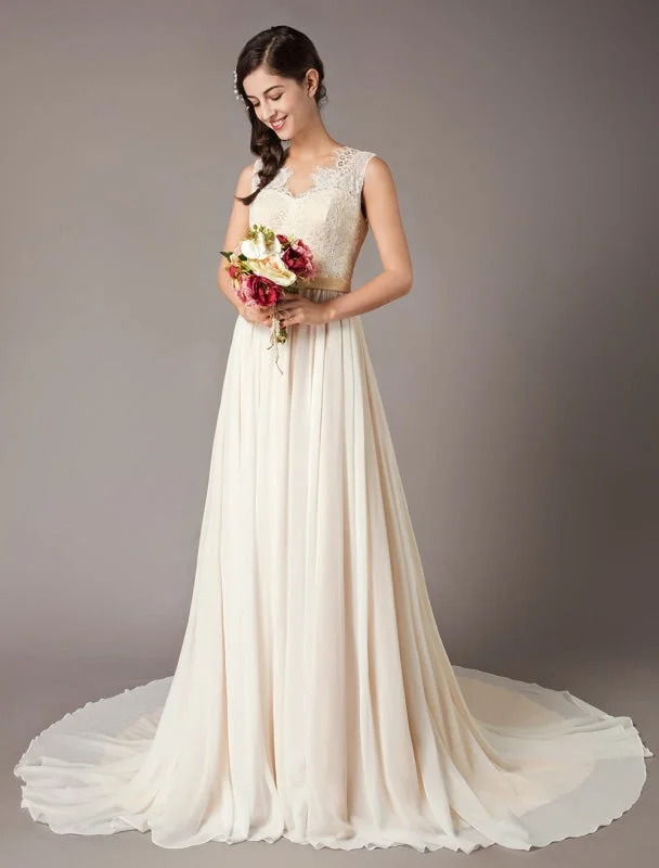 Champagne Wedding Dresses Beach Lace Chiffon V Neck Bridal Dress