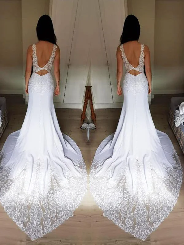 V-Neck Lace Mermaid Wedding Dresses