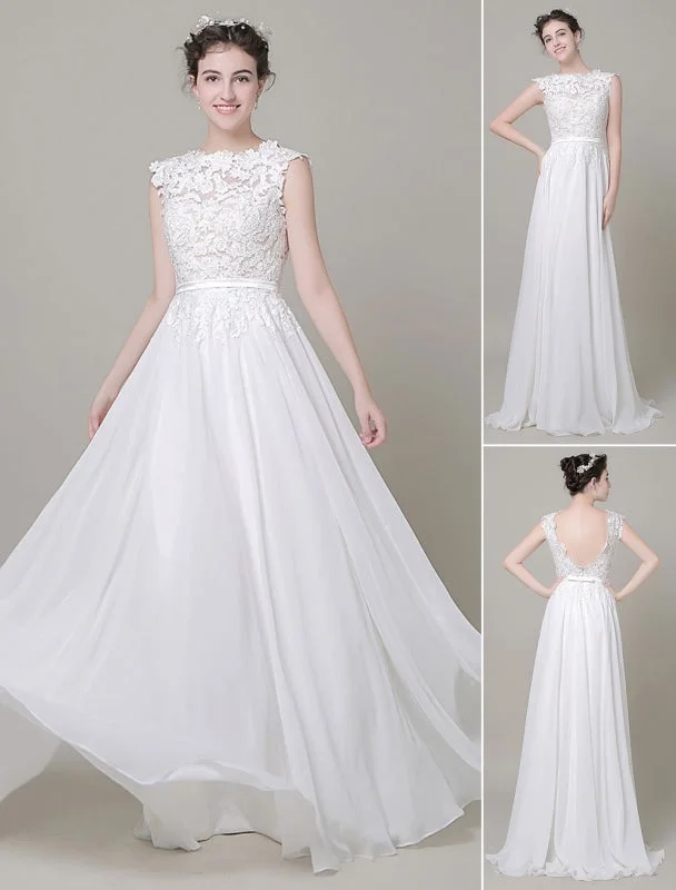 Chiffon Wedding Dress Bateau Lace Satin Sash Floor Length A Line Summer Bridal Dress