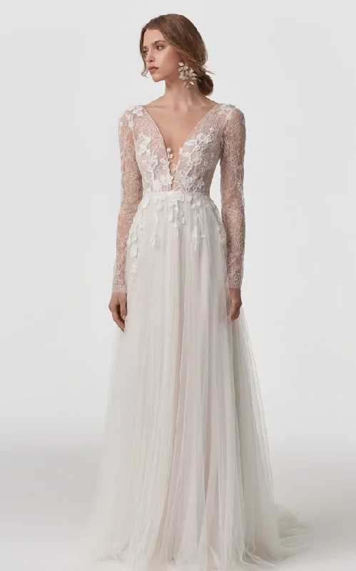 Ethereal A Line V-neck Lace Tulle Long Sleeve Sweep Train Wedding Dress with Appliques and Open Back-715908