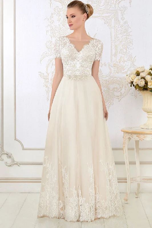 Floor-Length V-Neck Appliqued Short-Sleeve Lace Wedding Dress-MK_706100