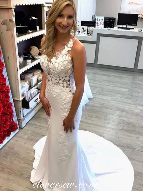 Illusion Lace Top Elastic Satin Sleeveless Mermaid Wedding Dresses,CW0149