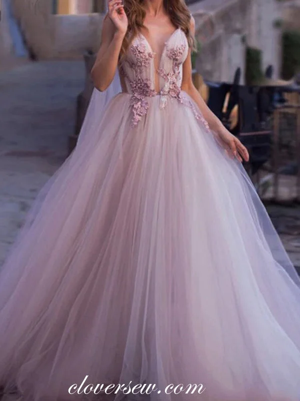 Light Pink Tulle Applique Sleeveless A-line With Train Wedding Dresses,CW0152