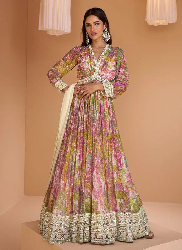 Pink Foil Mirror Embroidered Printed Anarkali Gown