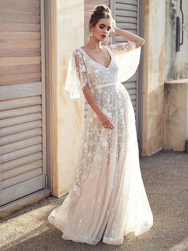 White Lace Wedding Dress V Neck A-Line Wedding Dress Short Sleeves Backless Bridal Dresses