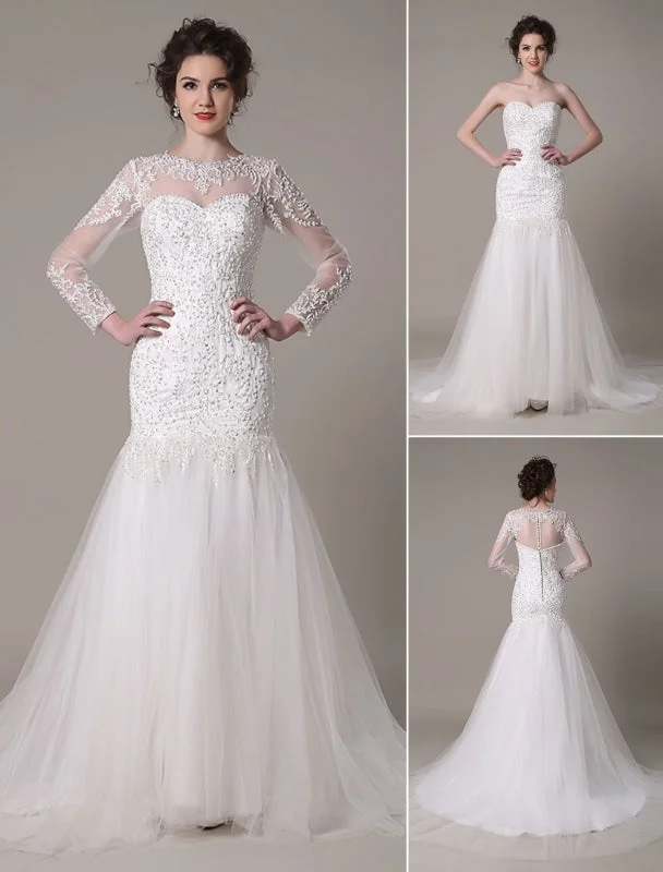 Sequined Wedding Dress Detachable Neckline Lace Applique Mermaid Court Train Bridal Dress Exclusive