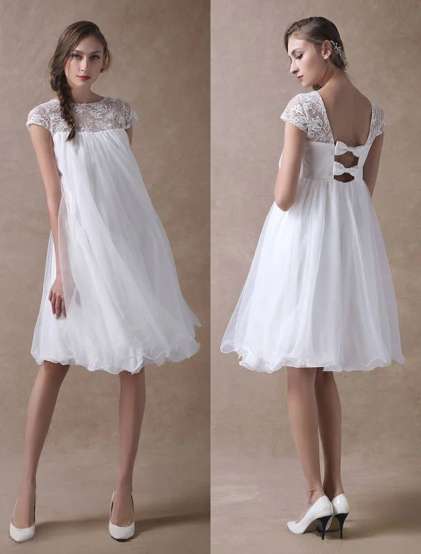 Simple Wedding Dresses Short Empire Waist Lace Tulle Cap Sleeve Pregnant Bridal Dress Exclusive