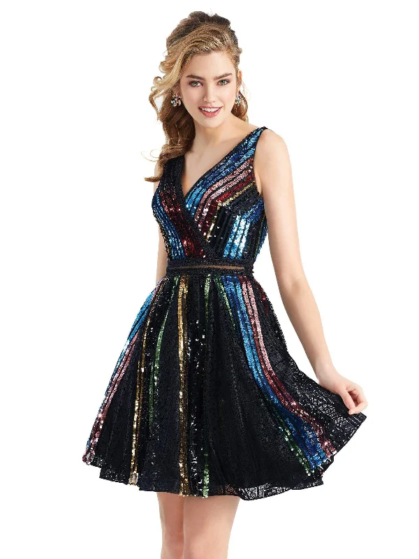 Clarisse - 3948 Sequined V-neck A-line Cocktail Dress